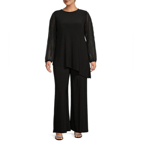 Marina Plus Size Beaded Long Sleeve Crew Neck 2-Piece Pant Set Size 20W Black - Picture 2 of 13
